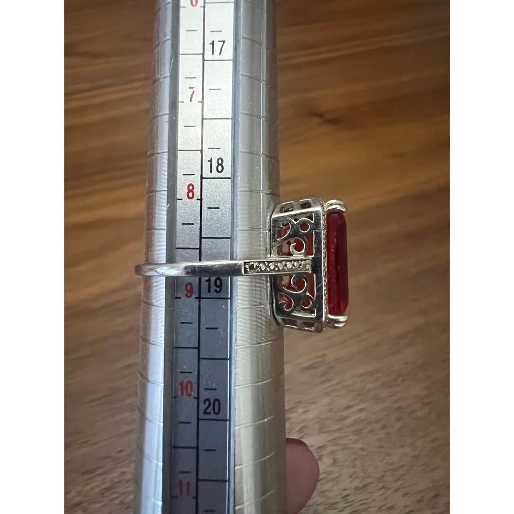 Sterling Silver Orange/Red Emerald Cut Ring Statement Bold Vintage Style 8.75 - Picture 6 of 8